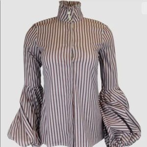 Caroline Constas Burgundy, Blue and White Striped Bishop Sleeve Blouse sz Medium
